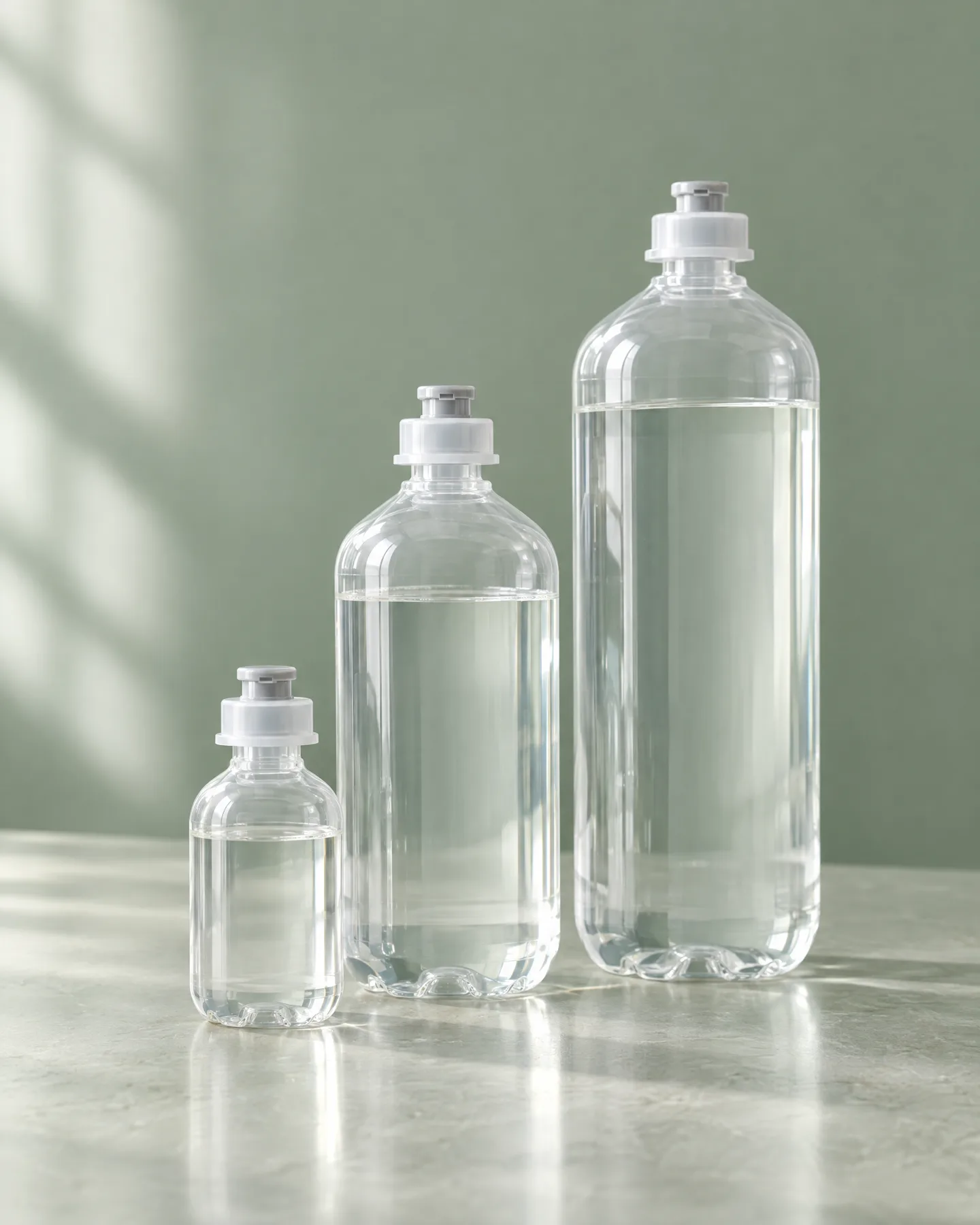 Three plain IV bottles in 100, 500 and 1000 ml sizes on a pale stone surface in soft window light.