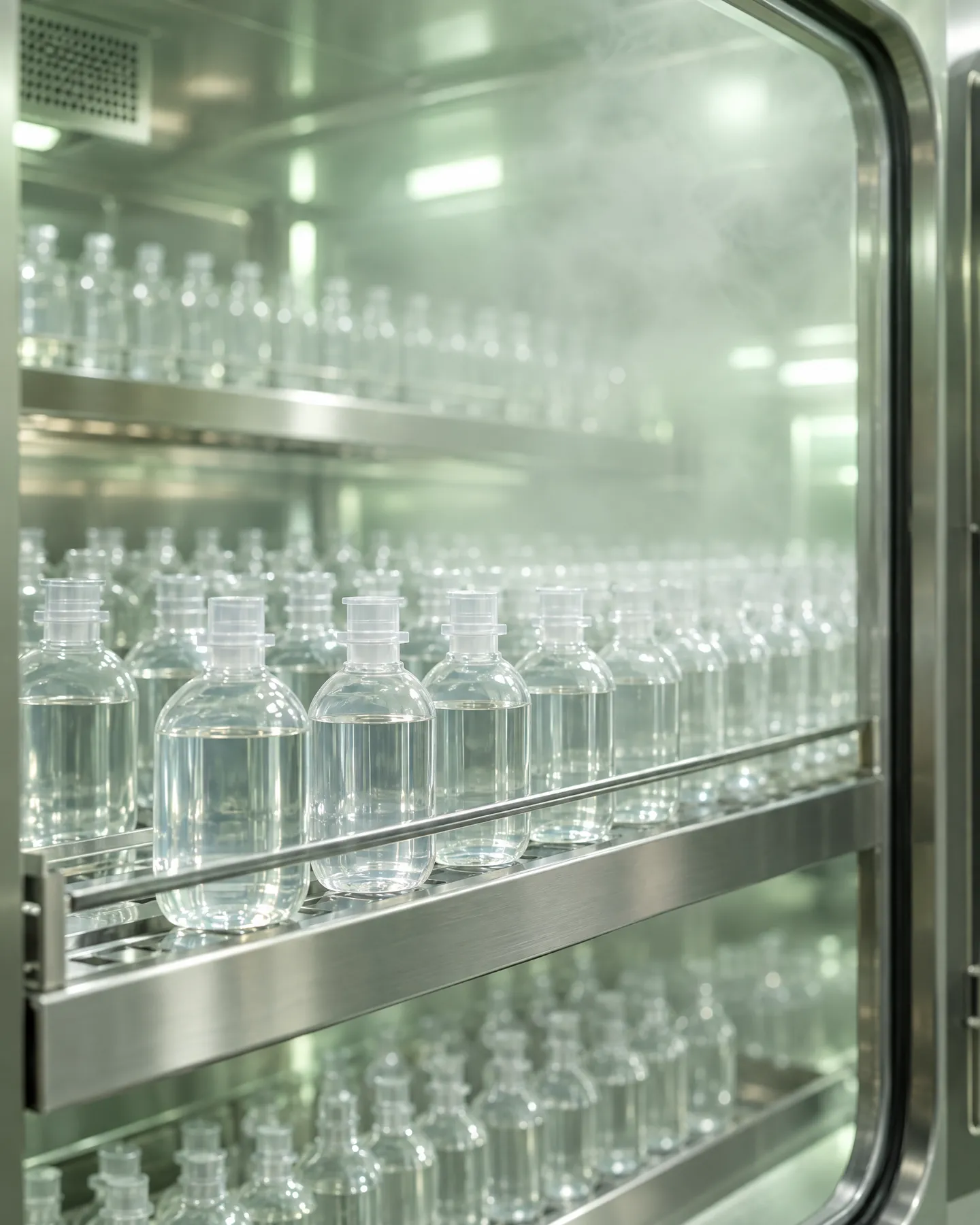 Rows of sealed IV bottles resting on steel racks in soft light.