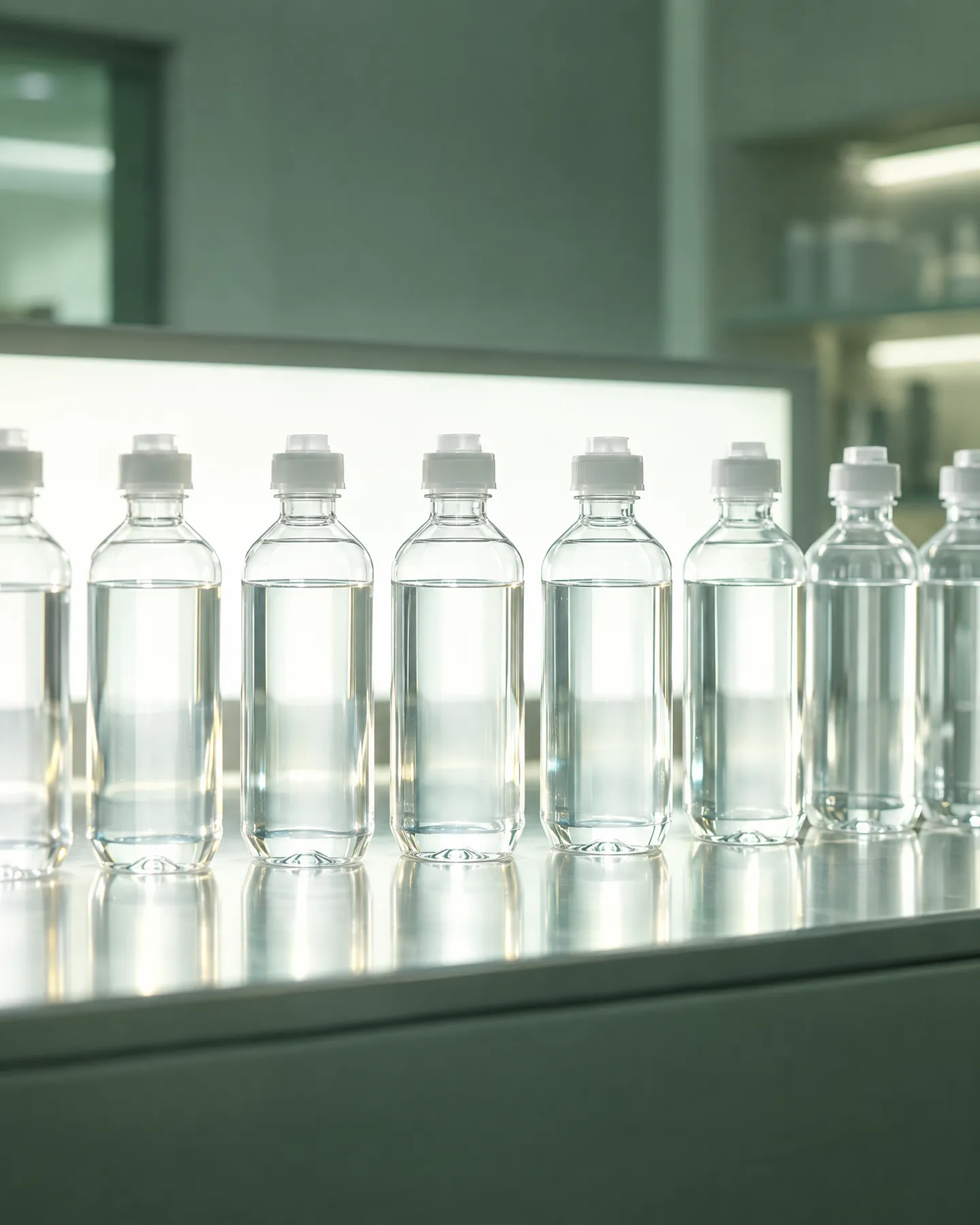 A row of clear IV bottles glowing in front of a bright light panel.